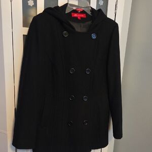 Anne Klein Black Double-Breasted Hooded Pea Coat